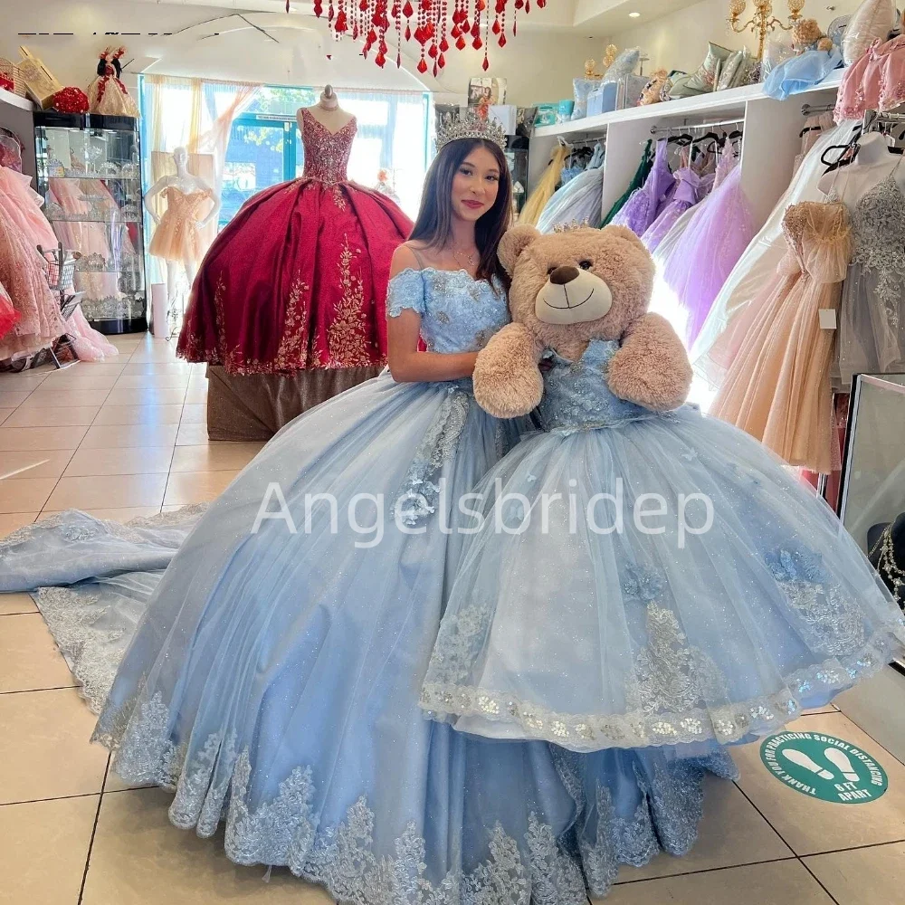 Angelsbride Sky Blue Ball Gown Quinceanera Dresses With Appliques Long Train Cinderella Birthday Party Gown Vestido De 15 Años