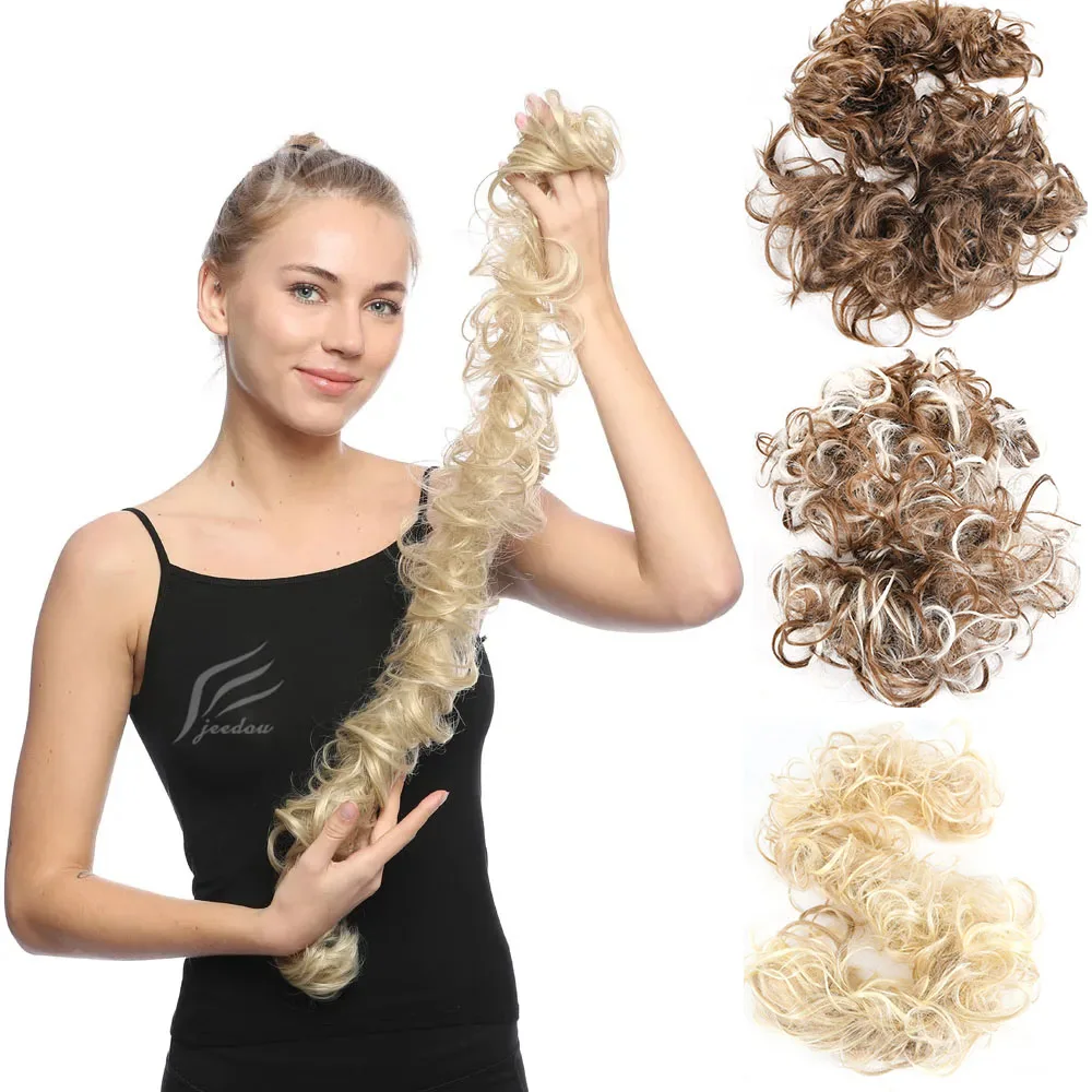Jeedou Curly Chignon Messy Bun Synthetic Hair Extension with Elastic Band Heat Resistant Fiber Easy Wear Hairpiece for Women