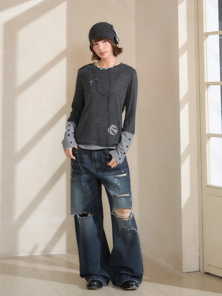 Casual Style Long Sleeve round Neck T-Shirt Patchwork Striped Skin-friendly Women's Top SAOE Early Girl Collision Color Design