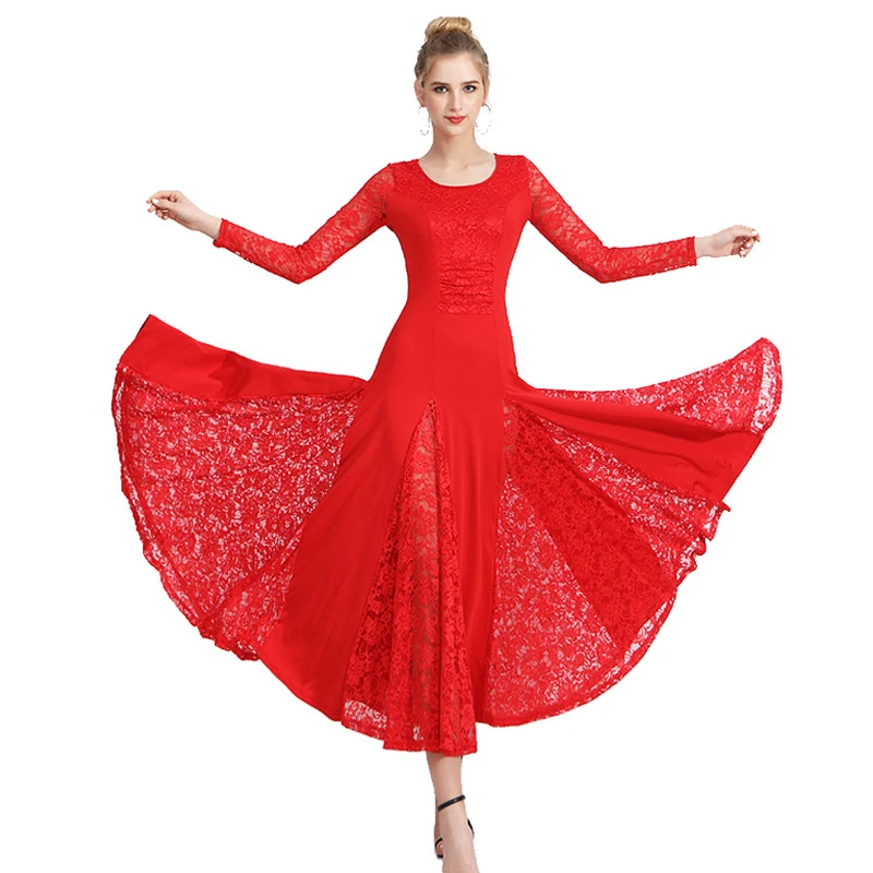 New Long Lace Sleeve Modern Waltz Competition Dress | Ballroom Dance Gown for Women 5 Colors Plus Size 3XL High Quality