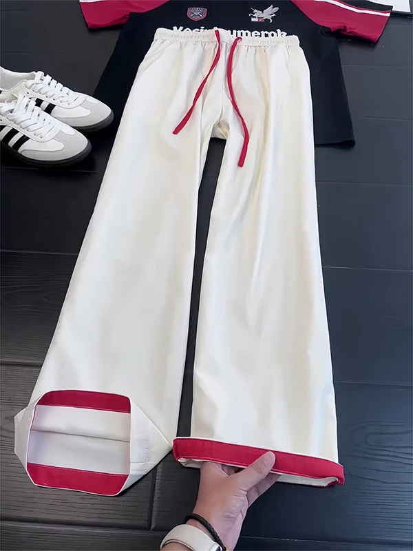 Lightweight Ice Silk Nylon Sports Pants for Men Summer Quick Dry Straight Leg Casual Trousers American Color Block Design