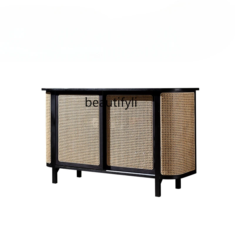 

Nordic Solid Wood Sideboard Sliding Door TV Cabinet Storage High Cabinet Modern Minimalist Rattan Dining Side Storage Entrance