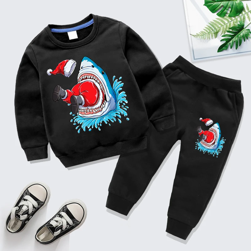 Kids Clothing Funny Sharks Eat Santa Claus Print Pullover+Pants 2pcs Sets Girls Boys Long Sleeve Creative Sweatshirt Tracksuits