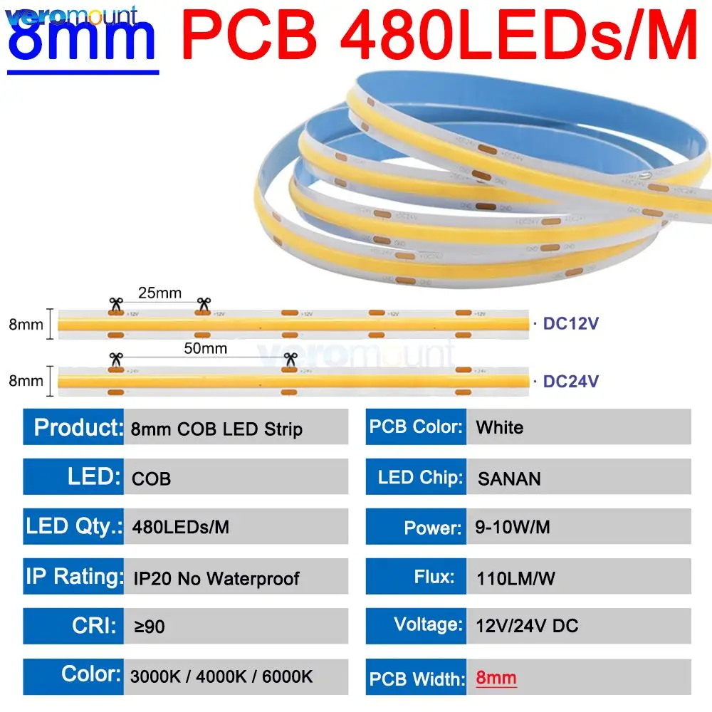 5m 12V 24V DC COB LED Dimmable Strip Light 8mm 320LEDs/m High Density Flexible Strip Lights Tape Linear Ribbon 3000K 4000K 6000K