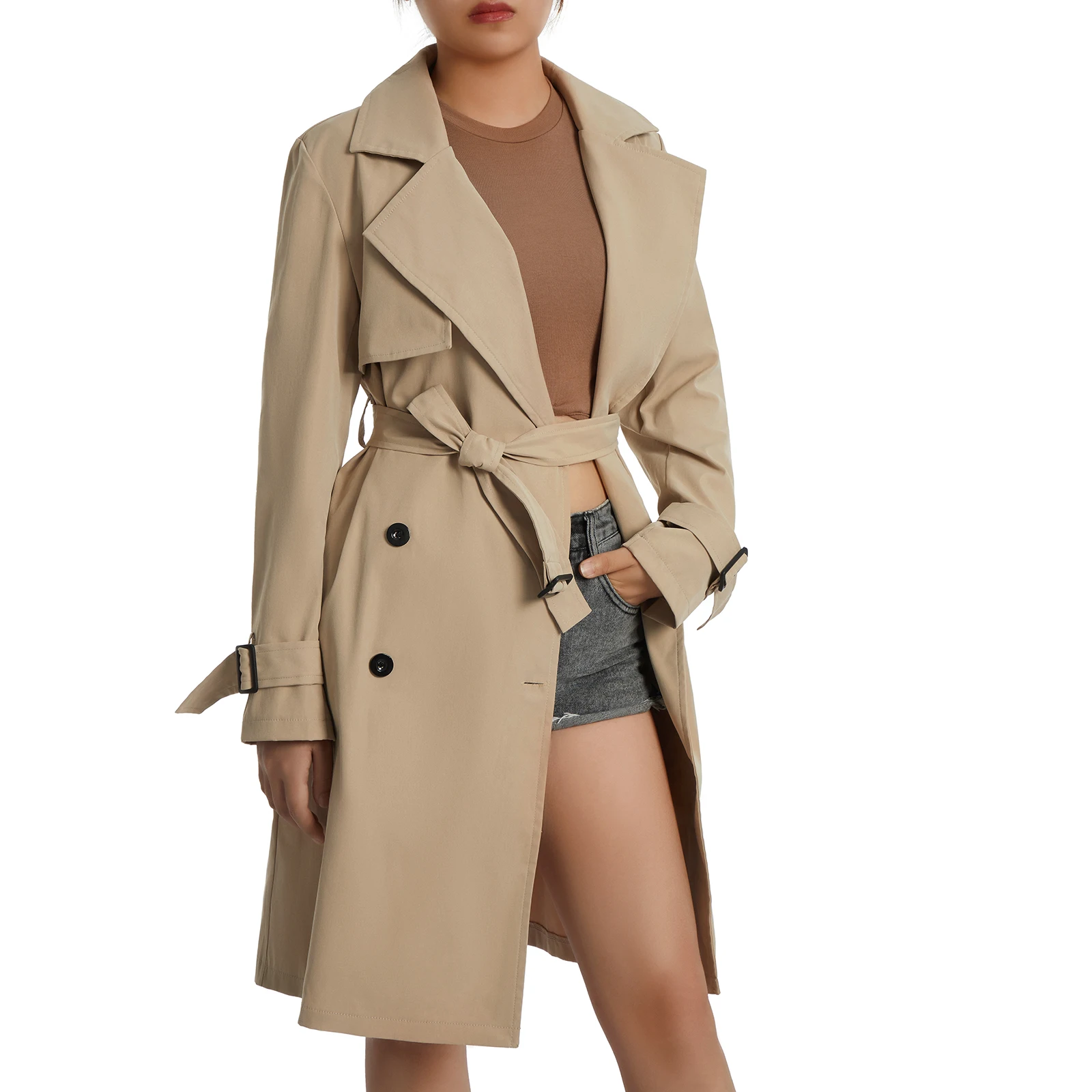 Autumn Fashion Women Casual Solid Color Trench Coat Ladies Elagant Long Sleeve Lapel Neck Double Breasted Belted Trench Coat