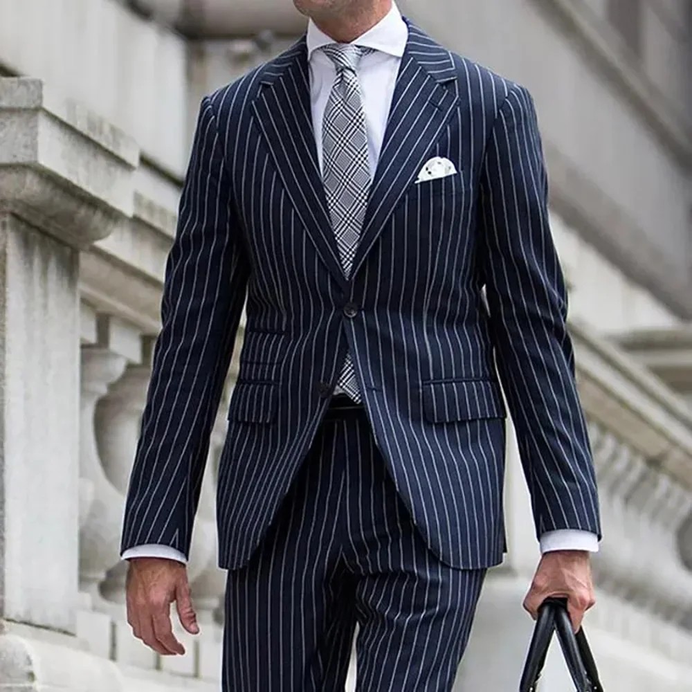 

Formal Navy Blue Stripe Men Suits Notch Lapel Single Breasted Costume Homme Luxury Office Work 2 Piece Jacket Pants 2024