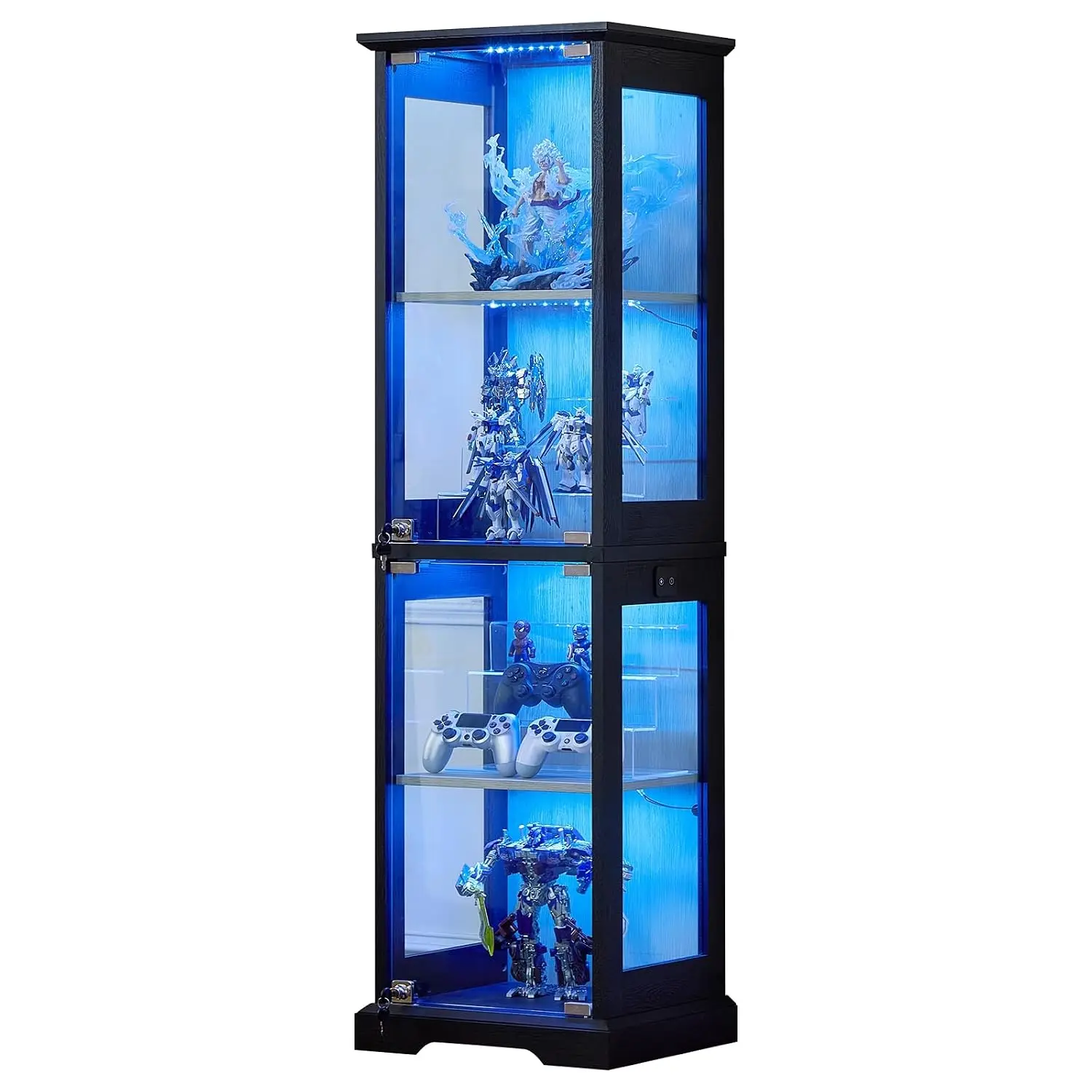 Farmhouse Narrow Glass Display Cabinet with Doors & Lock, Black, Wooden Curio Cabinets with 3 Color Motion-Sensor Light
