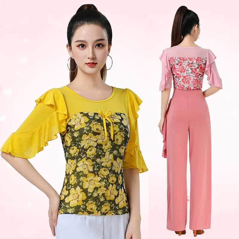 latin-dance-performance-outfit-round-neck-three-step-stamp-flying-sleeve-square-dance-fitness-women's-shaped-body-floral-top