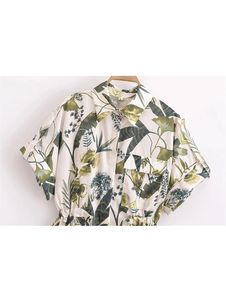 Women's Green Print Loose Shirts, Adjustable Waist, Short Sleeve, Long Tops, Female Casual Fashion, Holiday Style, Summer