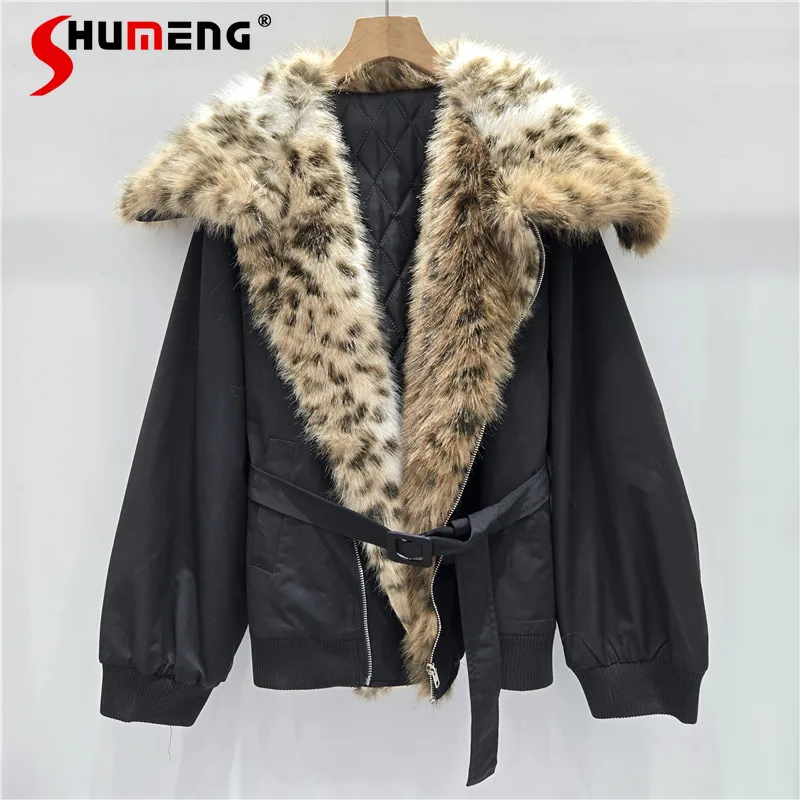 

Women 2025 Winter New American Style Sexy Girl Parkas Leopard Print Splicing Lace-Up Quilted Parkas Feminine Long Sleeve Coats