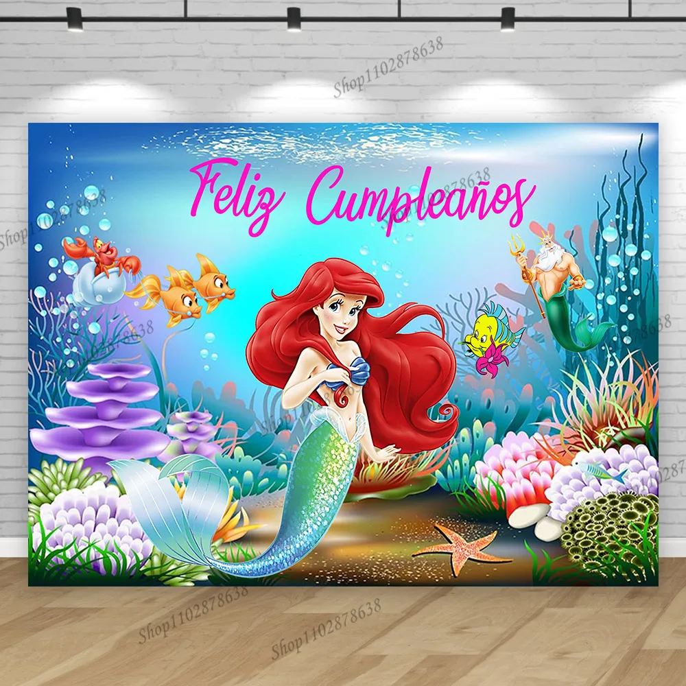 ที่กําหนดเอง Disney Mermaid ฉากหลัง Photocall Princess Ariel Girl First Party พื้นหลังอุปกรณ์ตกแต่ง Baby Photo Studio