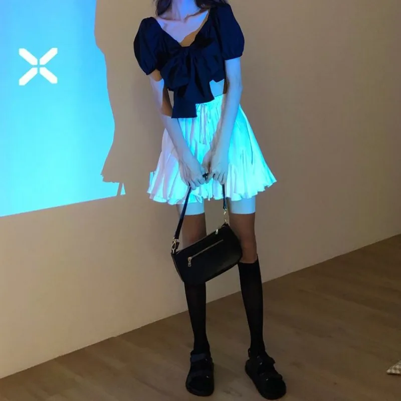 White Puffy Skirts Women Summer Lace-up Simple All-match Streetwear High Waisted Pleated Korean Creativity Unique Daily Stylish