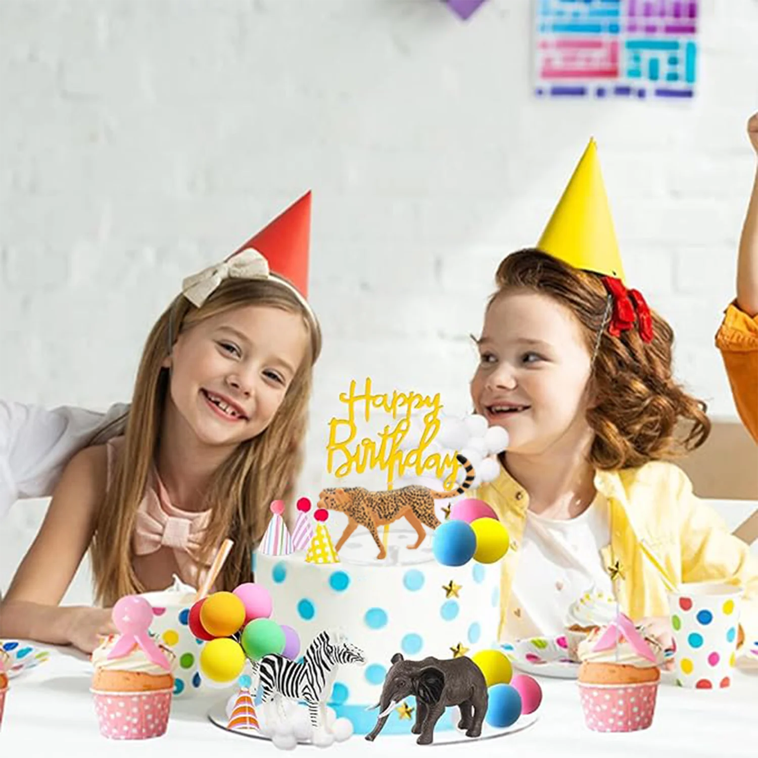 Safari Animal Cake Toppers with Mini Birthday Party Hat Color Balls Cake Decorations for Jungle Wild Themed Party Supplies