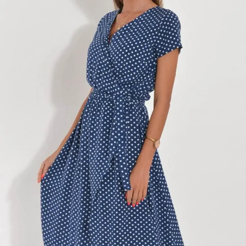 Summer New Women V-neck Short Sleeve Floral Printing Split Tight Waist Dress-up Lace Up High Waist Beach Female Vestidos