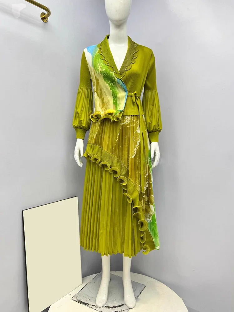 EGRM ใหม่ Miyake ชุดเดรสทรงเอจับจีบประดับด้วยลูกปัด Ruffled Panelling ‌   Spliced Design Loose Large Size with Stretch Prom Dresses 6R7195