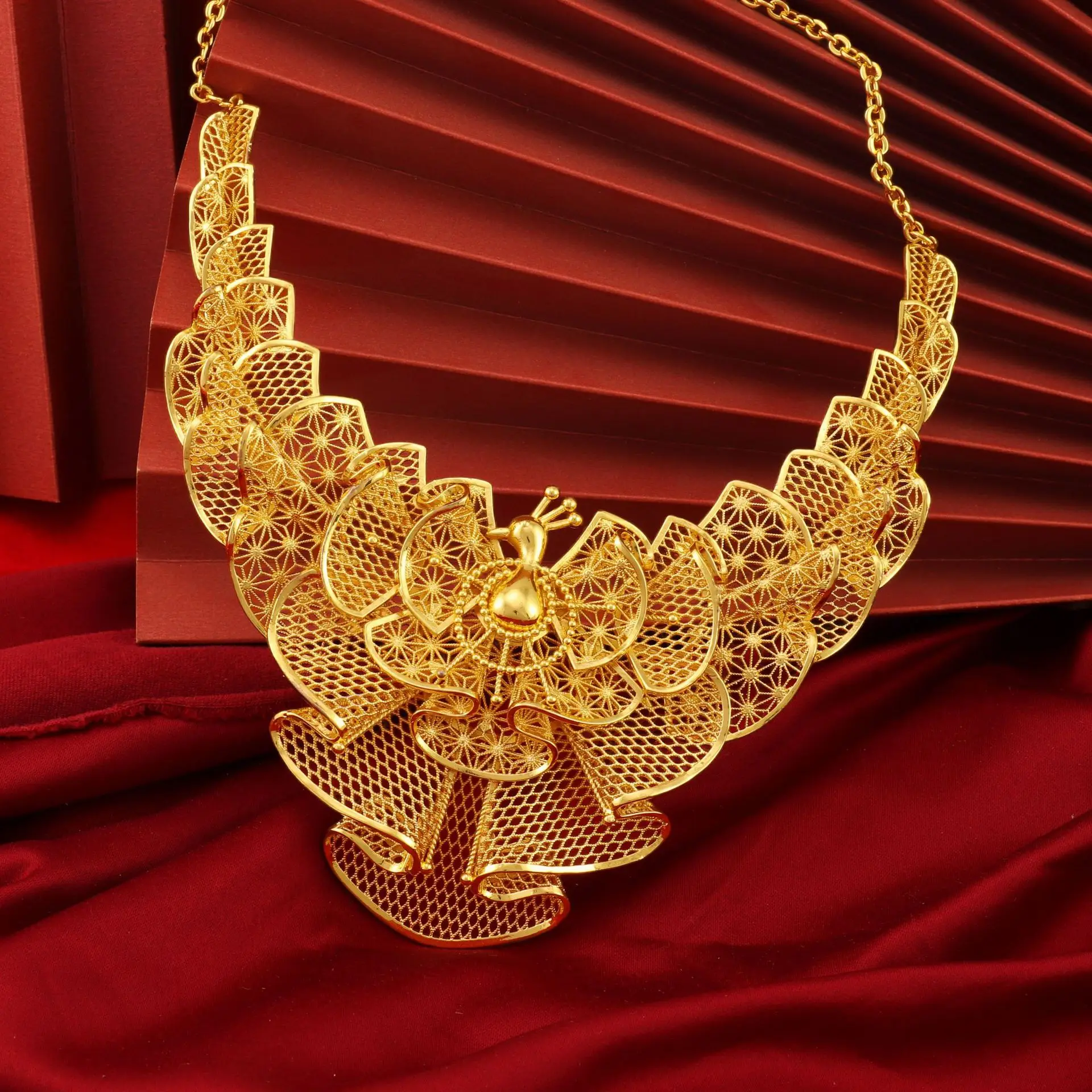 Luxury 24K 9999 Pure Gold real gold Filament peacock open screen hollow chain women's necklace