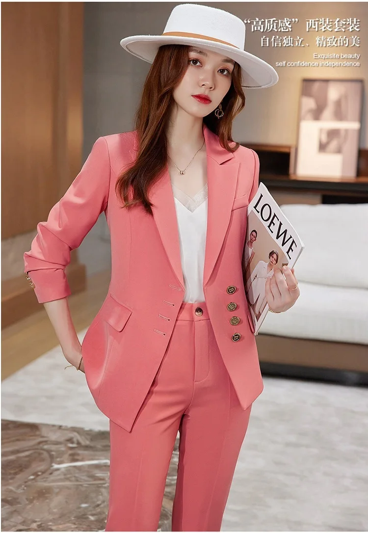 Elegante Rosa Frauen Herbst Winter Professional Business Anzüge mit Hosen und Jacken Mantel OL Styles Damenhosenanzüge Blazer Hosen Set