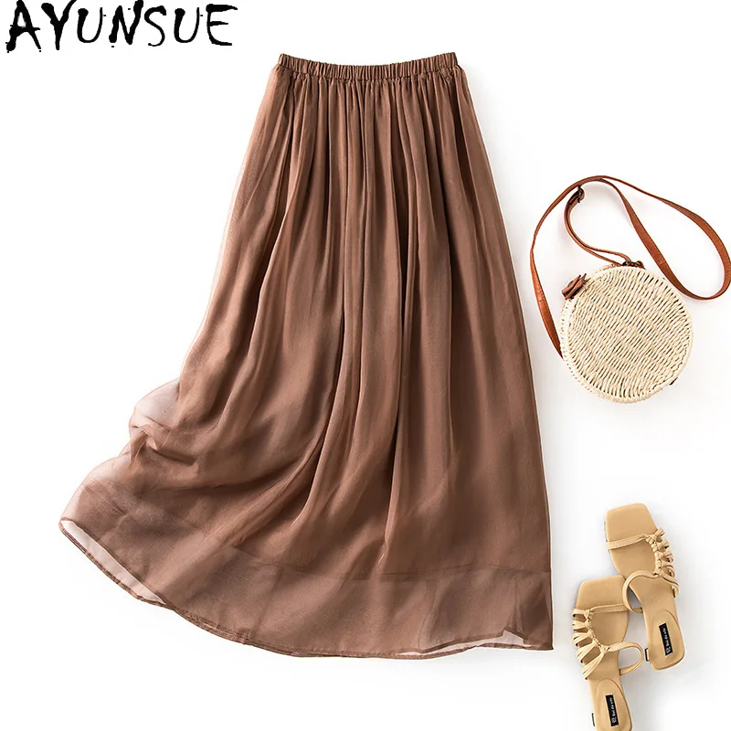 

AYUNSUE 100% Silk Women's Skirts Solid Color Elastic Waist Skirts for Women Elegant Flowing Summer Skirt Woman Clothing Юбка
