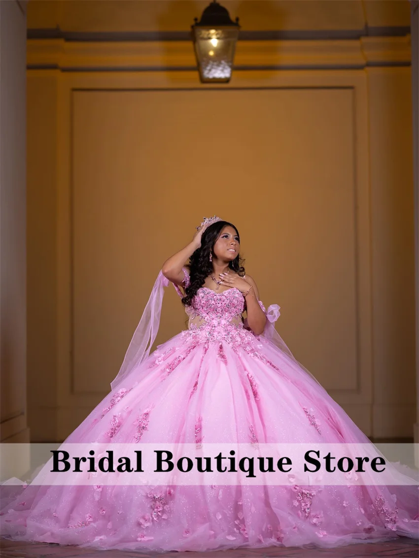 

Cute Pink Princess Ball Gown Quinceañera Dresses 2025 With Bow Beads Crystal Appliques Birthday Party For 15th Customized
