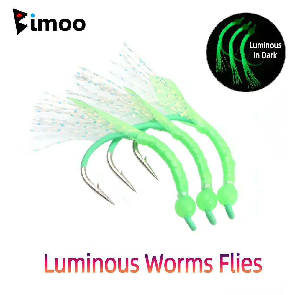 Bimoo 6PCS #3 #2 #1 #1/0 #2/0 Luminous Worms Flies With Glow Wacky Hook Bead Head Wet Flies For Yellow Croaker Sea Fishing Lures