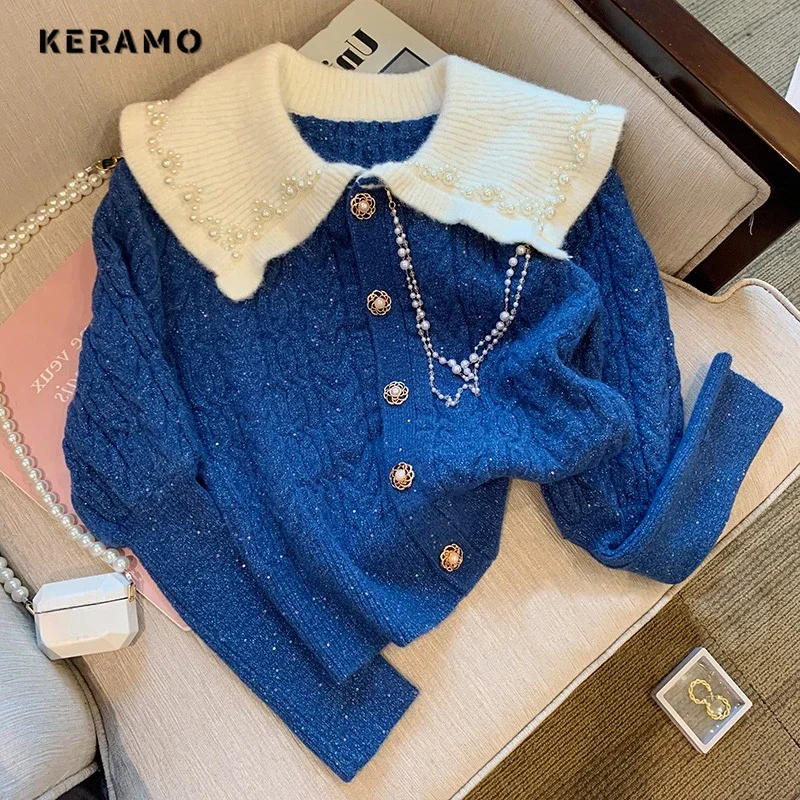 

Women Luxury Beading Knitting Long Sleeve Peter Pan Collar Cardigans 2023 Winter Korean Casual Single Breasted Warm Sweater