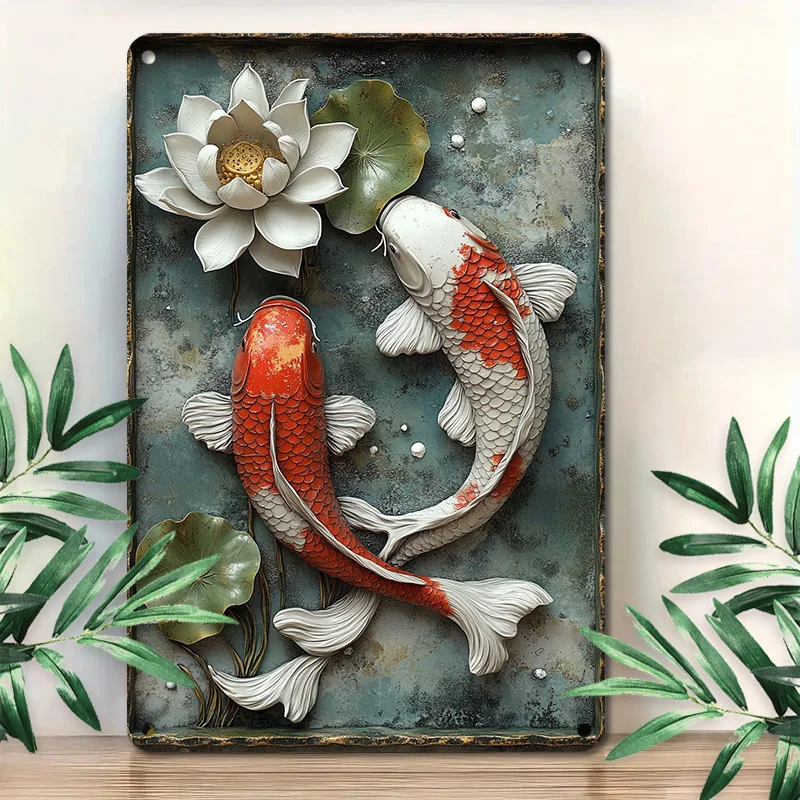

Vintage - Look Koi Fish and Lotus Metal Wall Decor, 3D - Effect Artwork for Home, Adding An Oriental Flair To Your Space