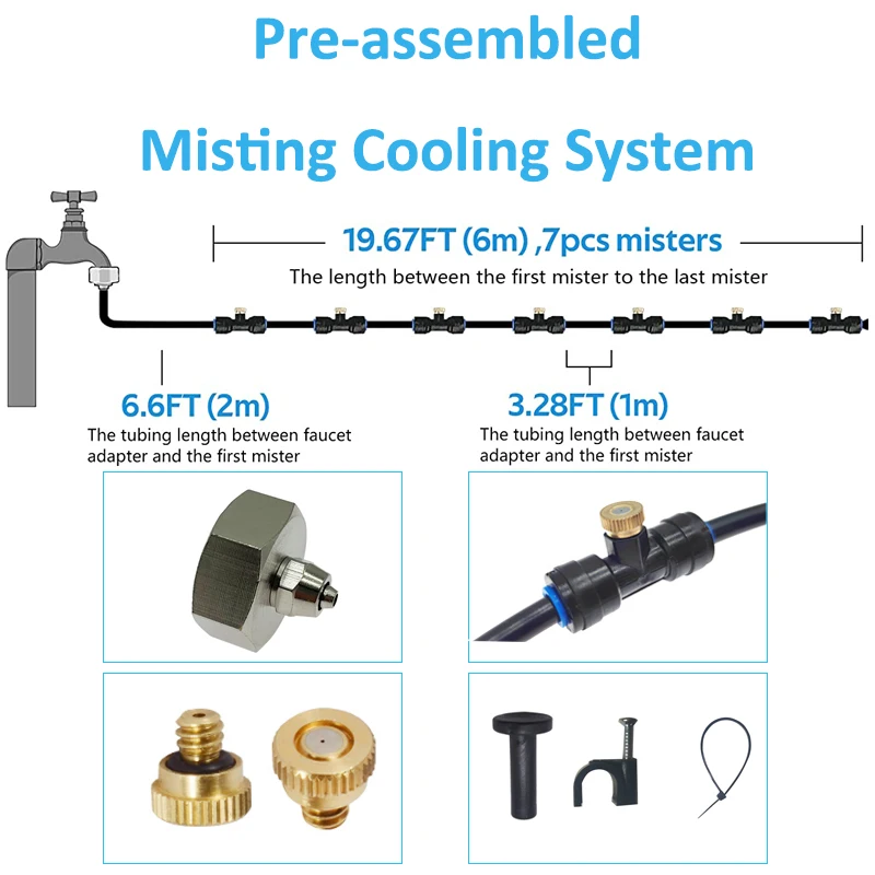 Garden Patio Outdoor Misting Cooling System 8M Mister Line With 7 Sprayer Heads 1 Brass Adapter 3/4