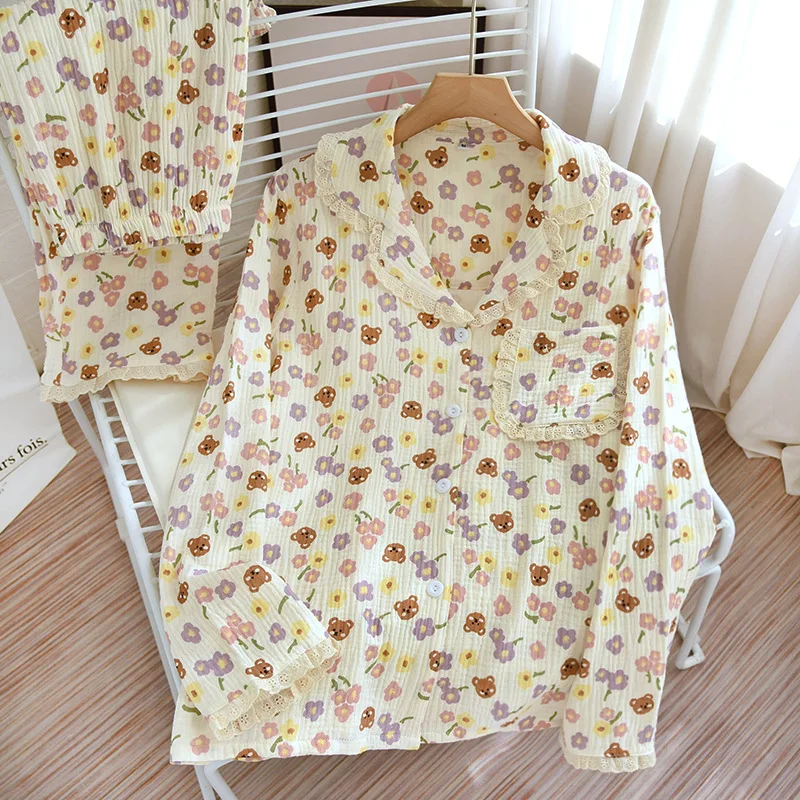 

Sweet Floral bear 100% double gauze wrinkly cotton pajamas sets women Spring summer soft long sleeve pure cotton sleepwear women