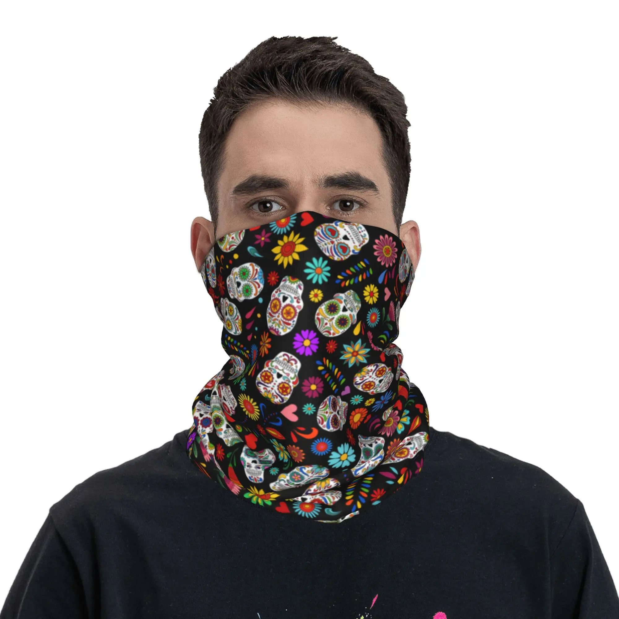 Mexican Flowers Day Of The Dead Sugar Skull Bandana Winter Neck Warmer Men Windproof Wrap Face Scarf for Ski  Gaiter Headband