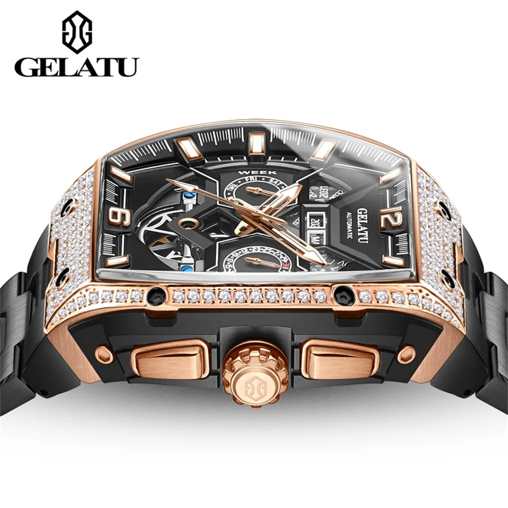 GELATU Brand Luxury Multifunctional Tourbillon Watch for Men Waterproof Luminous Fashion Black Steel Case Mechanical Watches