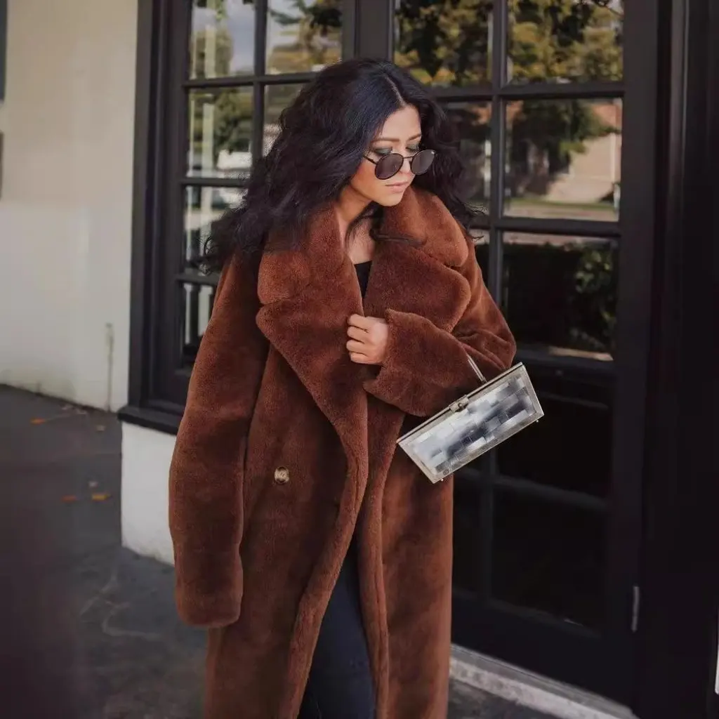 

Women's Warm Faux Fur Coat Mid-Length Rex Rabbit Fur Lapel Autumn Winter Jacket European American Style Popular