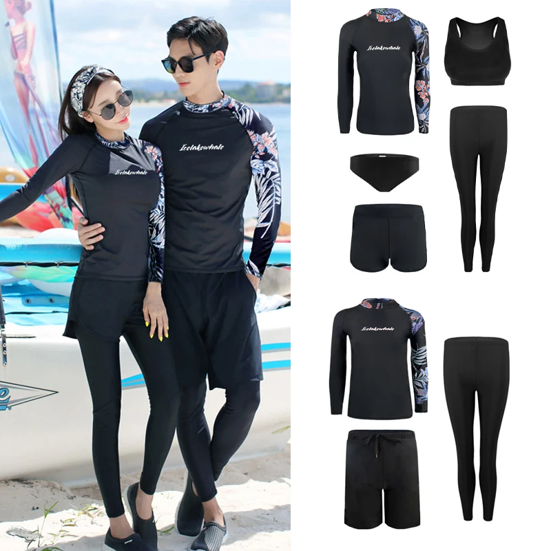 

wisuwore Long Sleeve Rash Guard Couples Women Print 5 Pieces Men 3 Pieces Swimsuit Swimwear Bathing Suits Surfing Long Pant