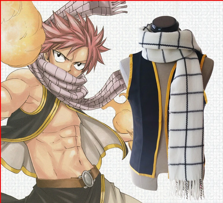 

Anime Fairy Tail Cosplay Scarf Natsu Dragion White Black Plaid Scarves Women Halloween Party Neckchief Cotton Tassel Bufanda