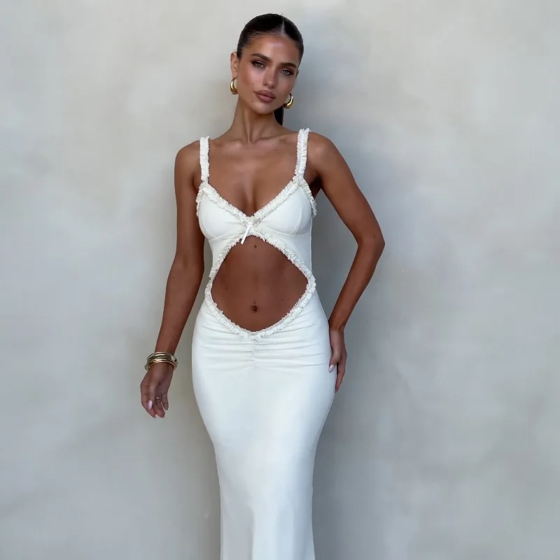 

Sexy Hollow Out Halter Long White Dress V Neck Sleeveless Backless Wooden Ears Bodycon Party Club Maxi Dress Vestidos Beach