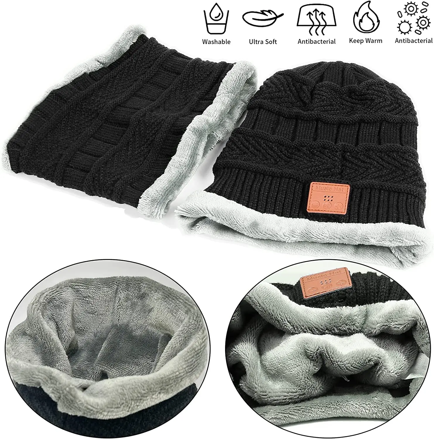 Gorro con Bluetooth V5.0 2 en 1, gorro con bufanda, gorro Musical cálido de invierno con bufanda para llamadas manos libres, gor