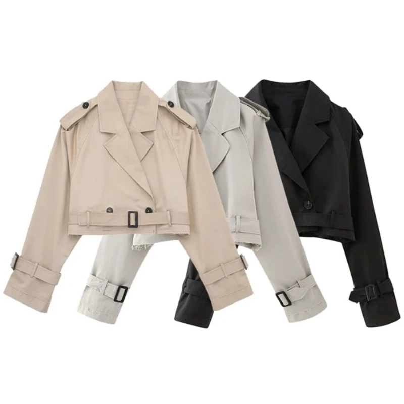 

Outerwears Women Fashion With Belt Cropped Trench Jacket Vintage Notched Neck Long Sleeve Female Coats Chic Lady Coat Outfits