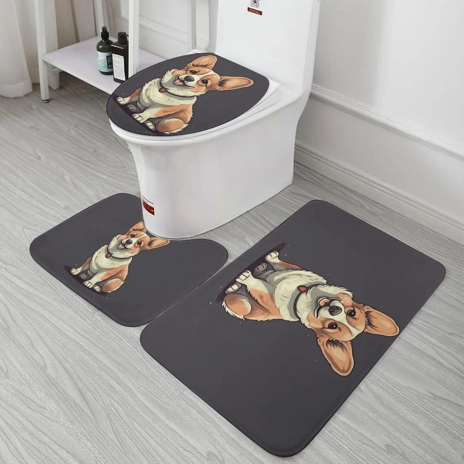 

3 Piece Bath Rug Set Non Slip Absorbent Bath Mat Contour Mat with Toilet Lid Cover Cute Corgi Dog Illustration Soft Floor Mats