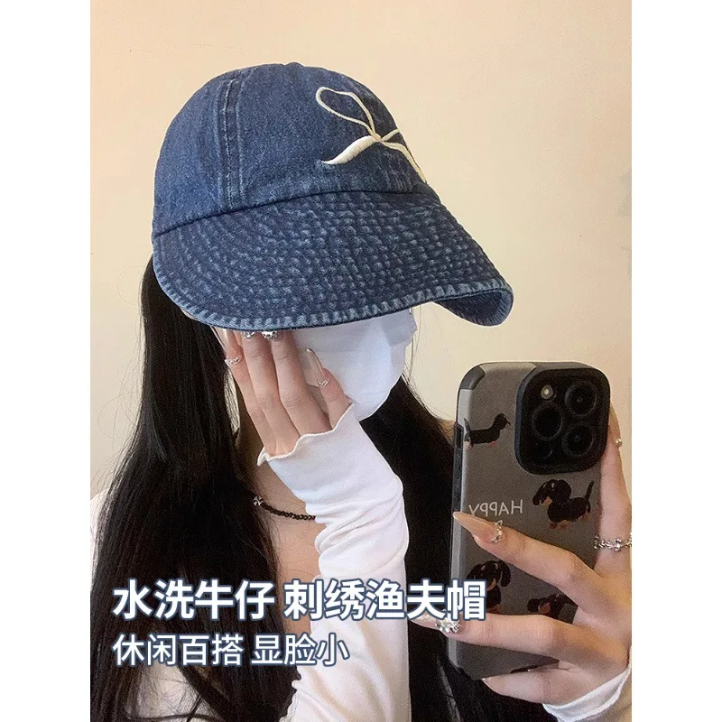 

Bowknot Embroidered Big Brim Bucket Hat Women's Big Circumference Jean Fisherman Hat-Proof Face-Looking Small Peaked Ca