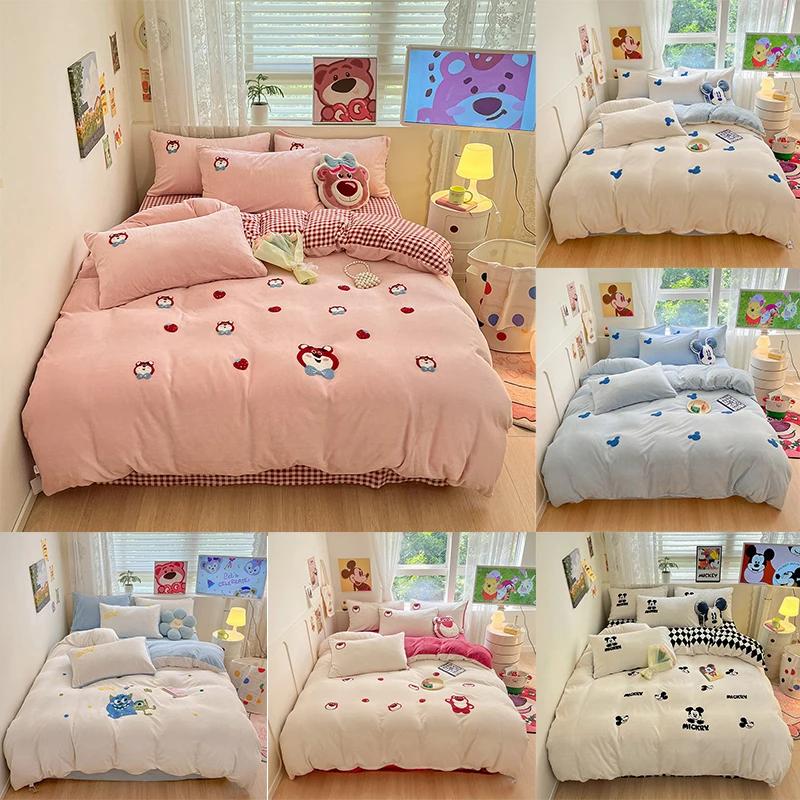 Disney Winter Milk Velvet Bedding Set Mickey Lotso Stitch Flannel Warm King Queen Duvet Cover Bed Sheet Pillowcase Home Textile