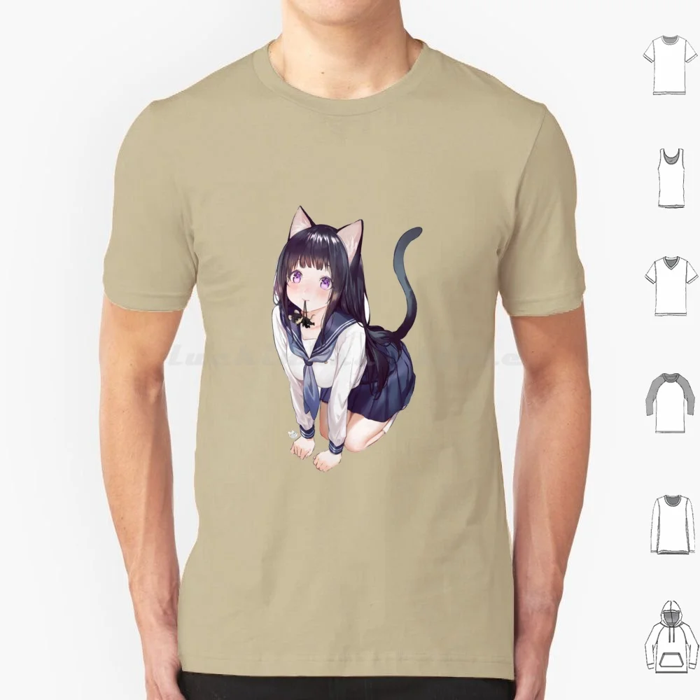 Hyouka Chitanda Cute Catgirl Anime | Perfect Gift Anime T Shirt Big Size 100% Cotton Catgirl Waifu Anime Sitting Girl Hyouka