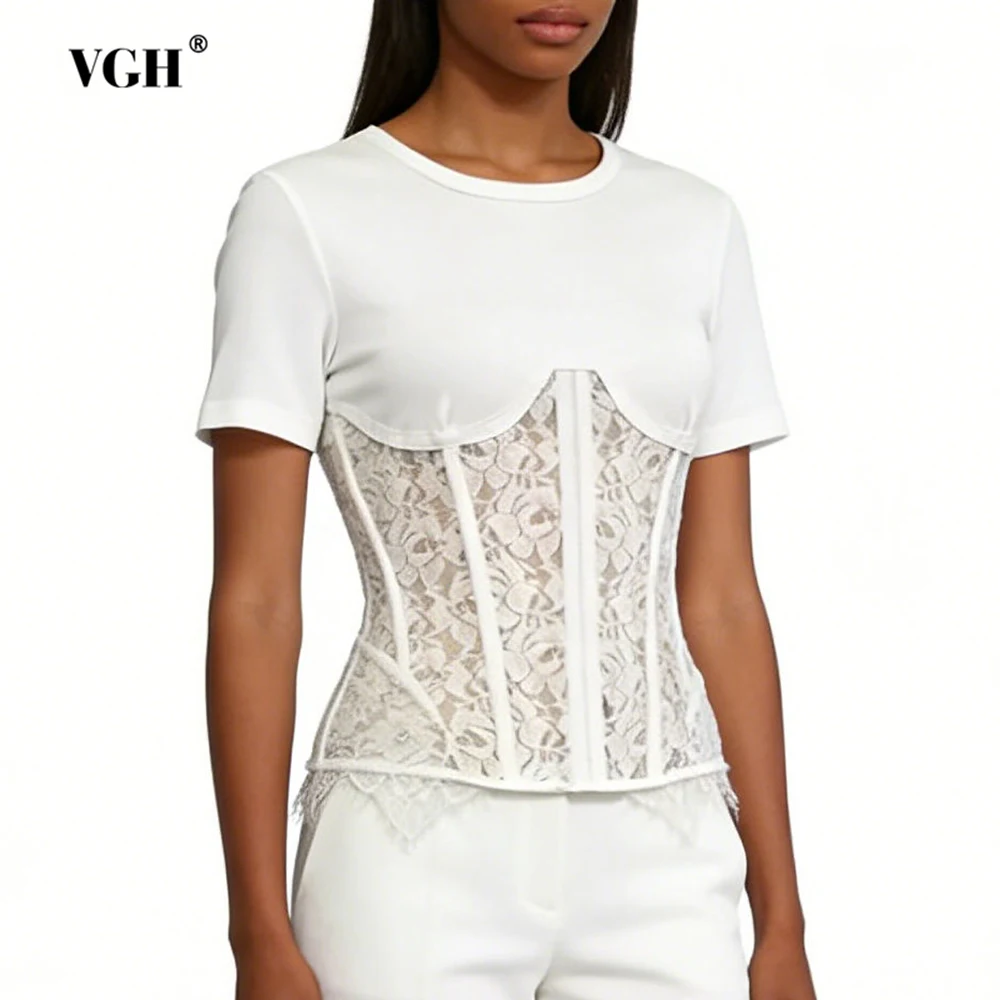 

Женская футболка VGH с кружевными вставками, круглым вырезом, коротким рукавом, летняя, стройнящая фигуру, в женственном стиле
