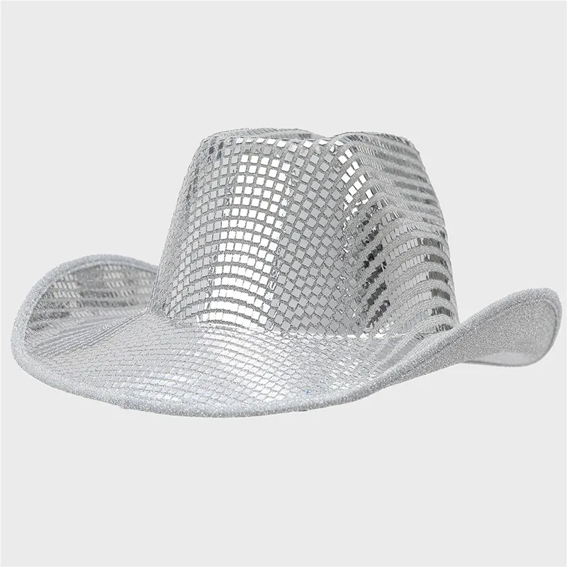Mirror Sequin Cowboy Hat For Men Women Wide Brim Glitter Punk Cap Halloween Party Stage Show Costume Hat