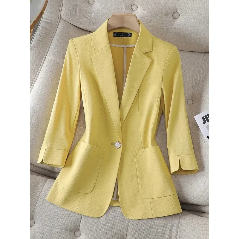 Spring Summer Half Sleeve Female Blazer Women Blue Yellow Single Button Slim Jacket Ladies Business Work Wear Formal Coat