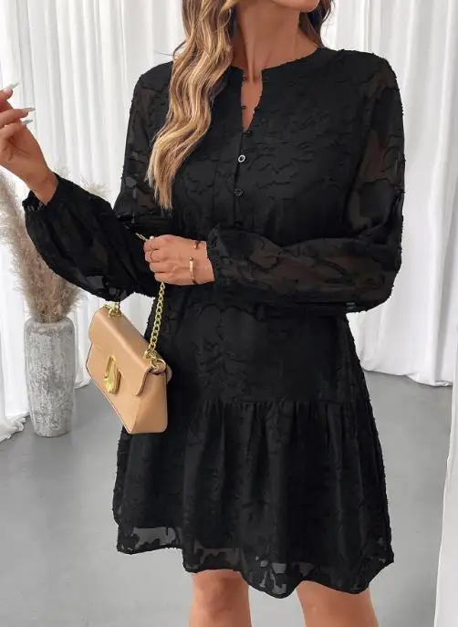 

2025 Spring/Summer New Long Sleeve Fashion Elegant Button Belt Jacquard Dress for Women