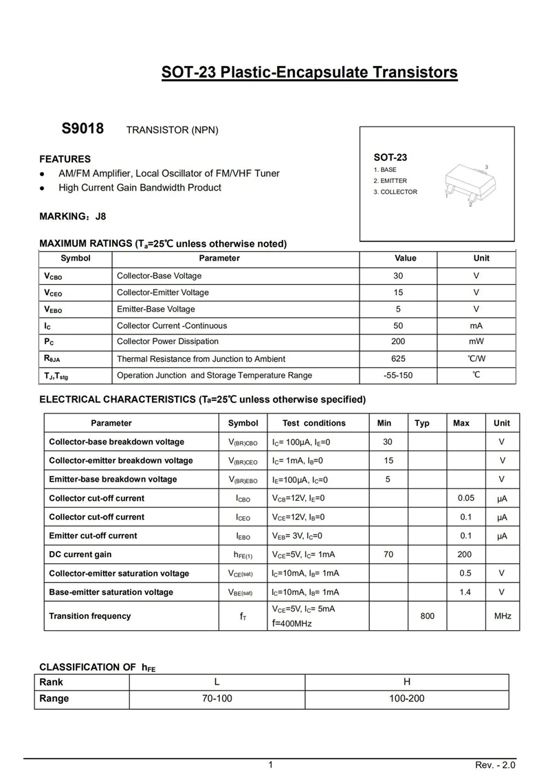 أنبوب طاقة كريستالي ، SMD Triode SOT-23 ، S9018 ، J8 ، 50