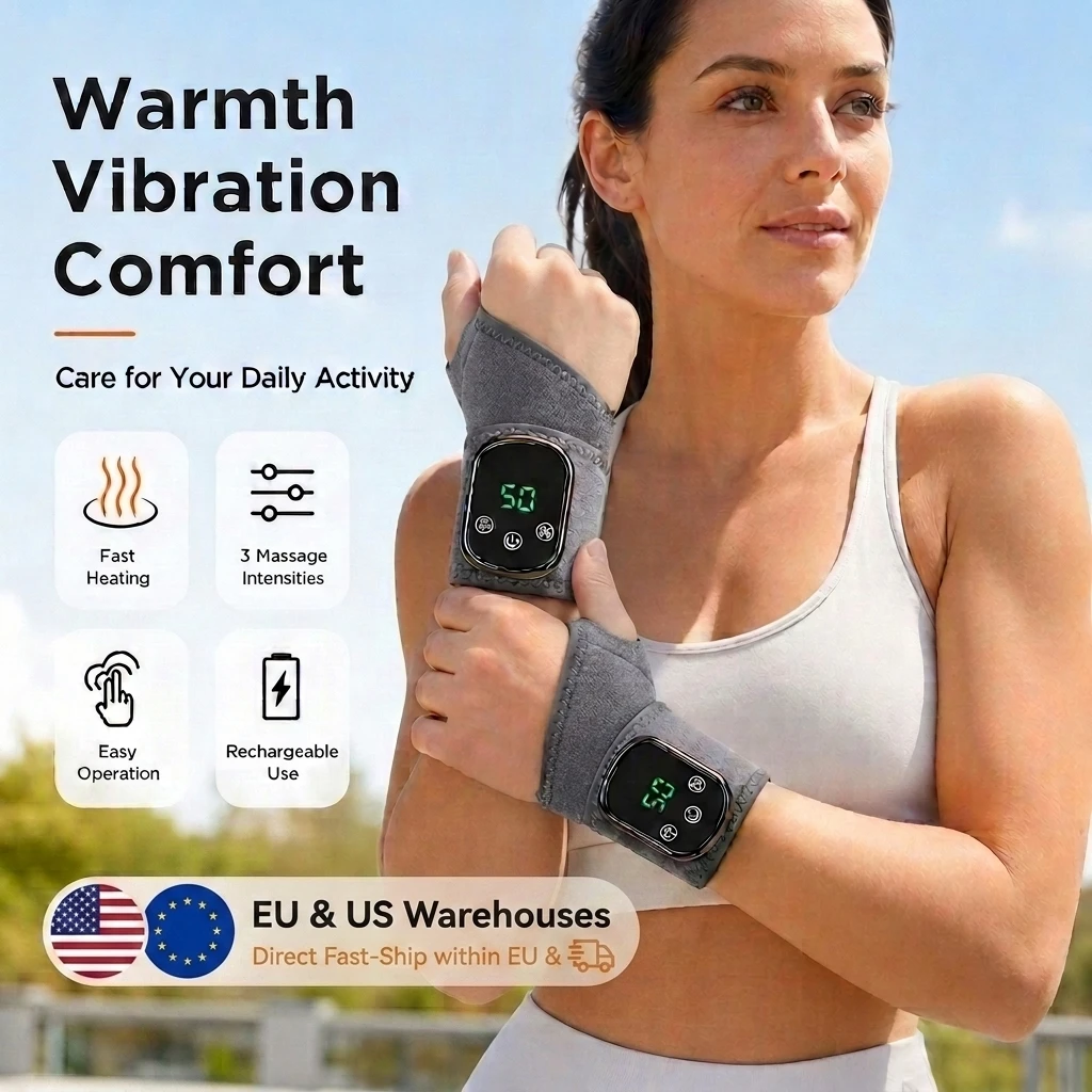 Heating Wrist Support with Vibration Massage for Sports Recovery Office Travel USB Adjustable Wrap Brace 5 Heat 3 Intensity Auto Off Cordless Type C Rechargeable Ergonomic Daily Comfort