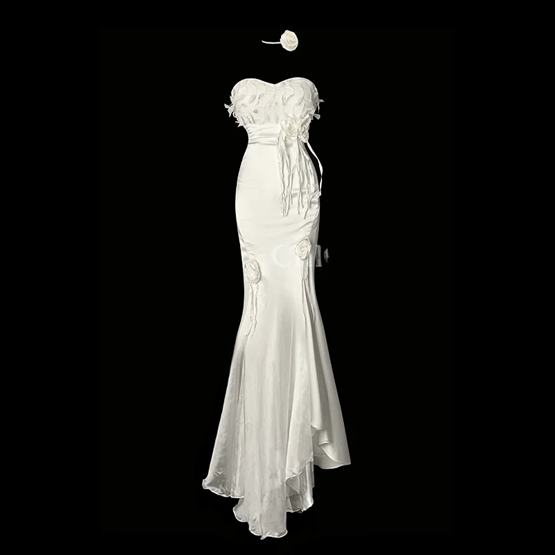 

Sexy White Satin Slim Strapless Long Dress Women Elegant Party Dresses Summer High-end Appliques Evening Gowns Female Clothes