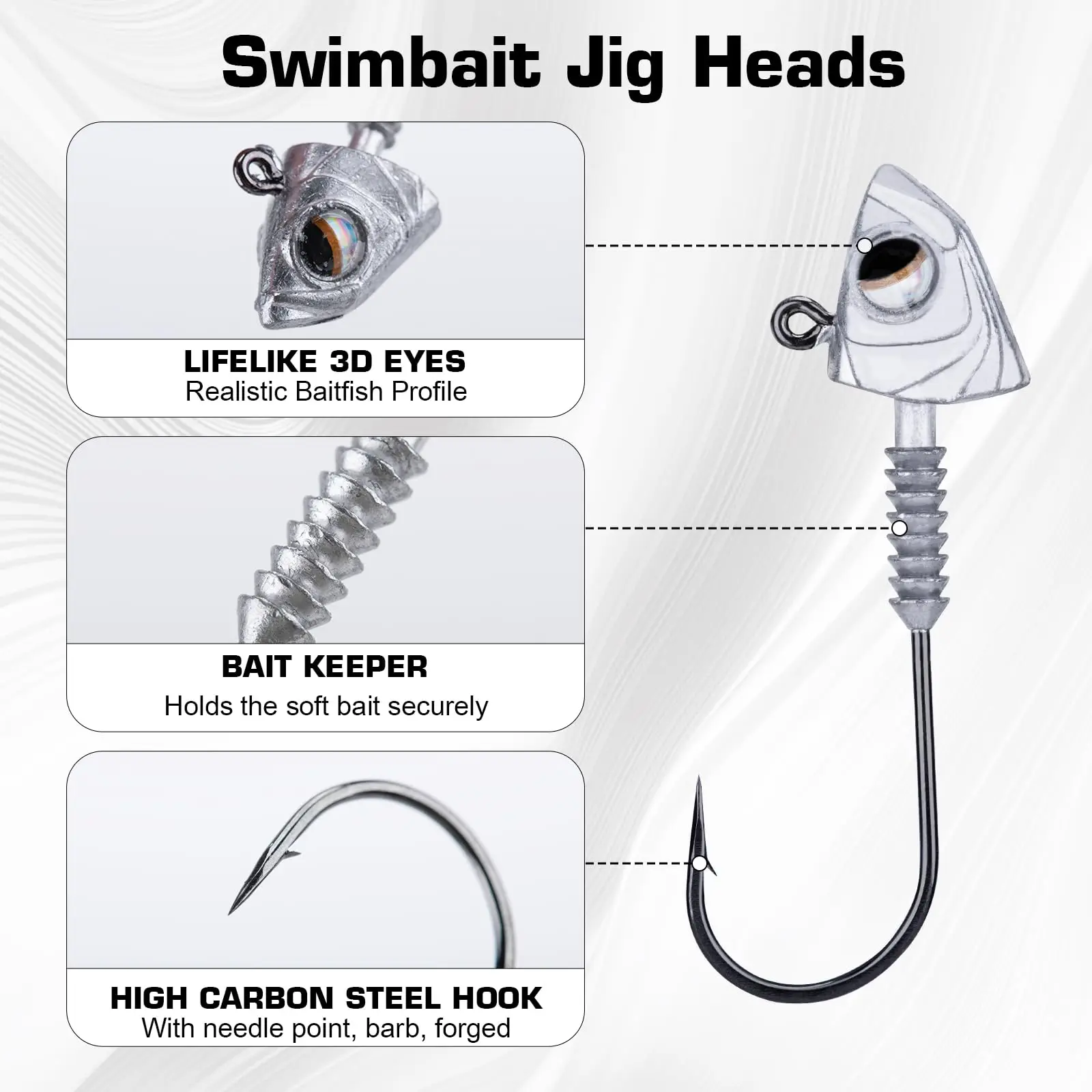 Anzuelos Jig Head Goture Swimbait – Acero carbono, ojos 3D y retenedor - imagen 3