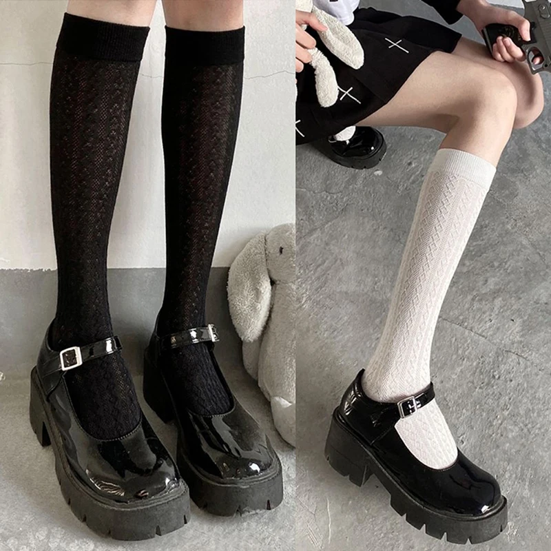 Japan Style High School Student Stockings Long Socks Solid Black White Summer Thin Woman Socks JK Costumes Girls Knee High Socks