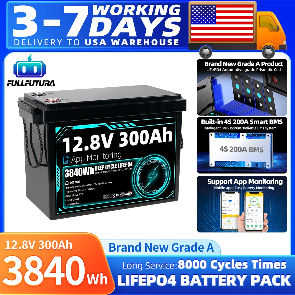 US Stock Lifepo4 12V 300AH Battery with 4S 200A BT BMS 8000+ Cycles Rechargeable LFP Cell Pack For Motors Trailers Home Energy